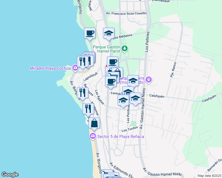 map of restaurants, bars, coffee shops, grocery stores, and more near 1850 Avenida Edmundo Eluchans in Concón