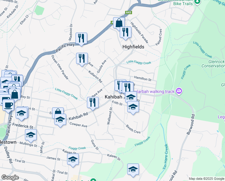 map of restaurants, bars, coffee shops, grocery stores, and more near 83 Wallsend Street in Kahibah
