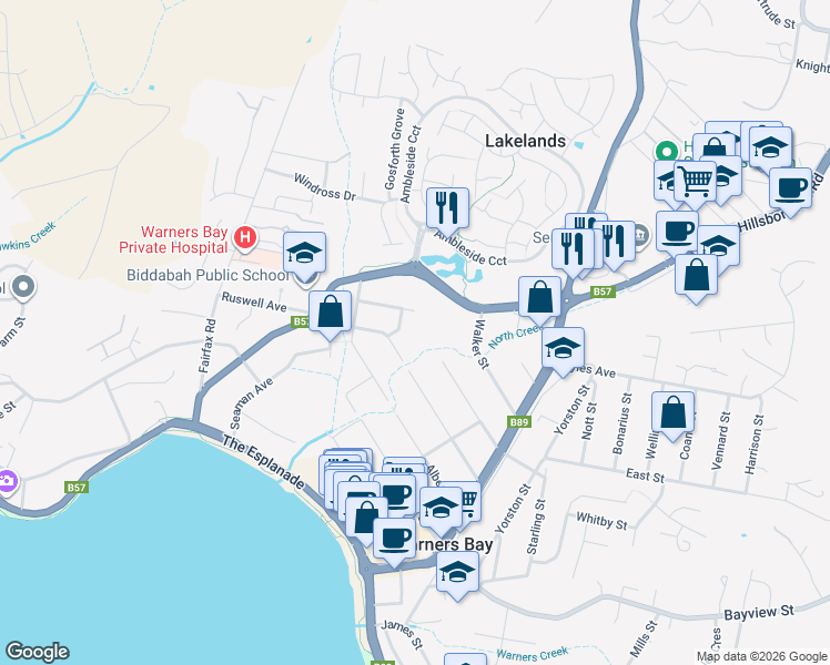 map of restaurants, bars, coffee shops, grocery stores, and more near 17 Campbell Street in Warners Bay