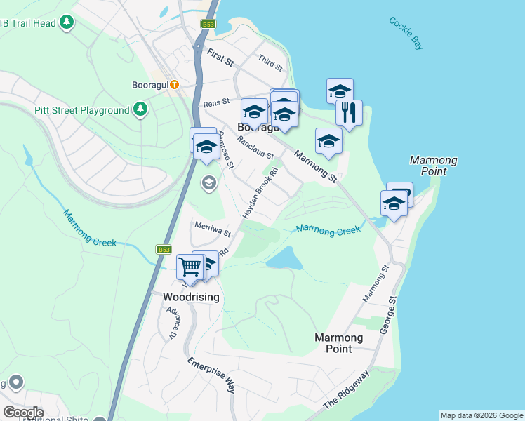 map of restaurants, bars, coffee shops, grocery stores, and more near 5 Denman Way in Booragul