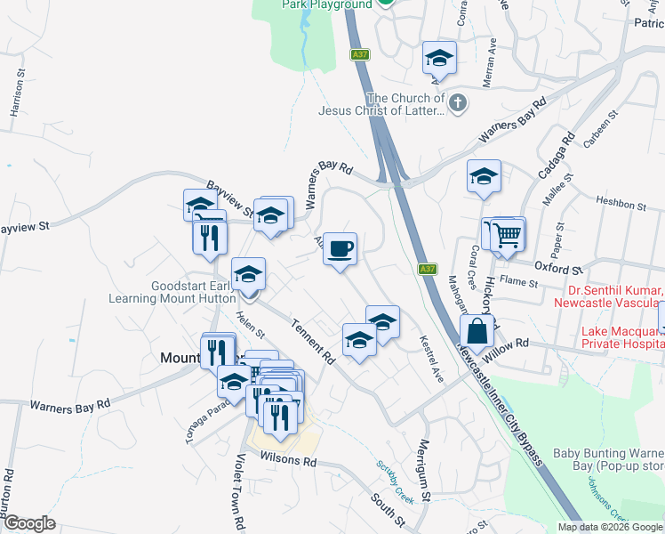 map of restaurants, bars, coffee shops, grocery stores, and more near 45 Auklet Road in Mount Hutton