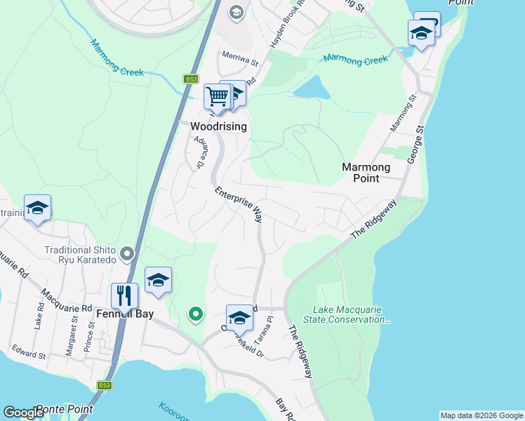 map of restaurants, bars, coffee shops, grocery stores, and more near 69A Enterprise Way in Woodrising