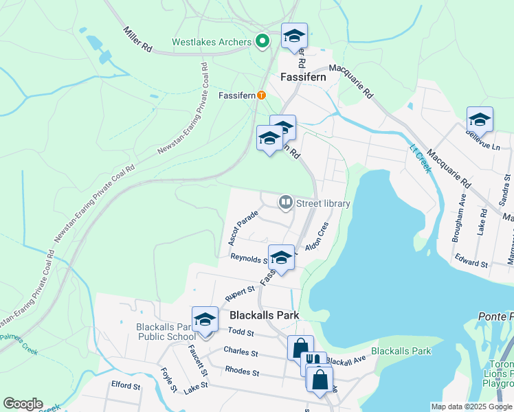 map of restaurants, bars, coffee shops, grocery stores, and more near 4 Ascot Parade in Blackalls Park