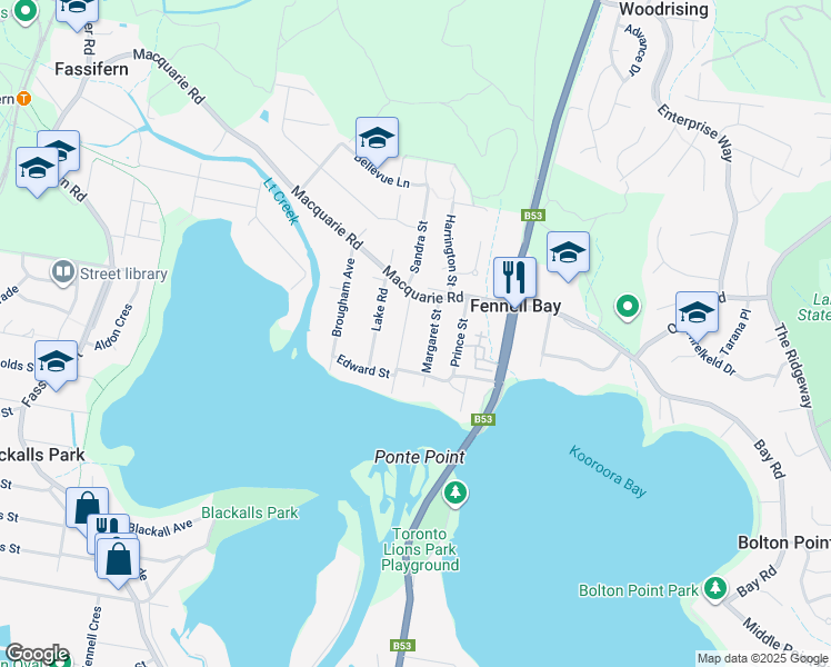map of restaurants, bars, coffee shops, grocery stores, and more near 16A Elizabeth Street in Fennell Bay