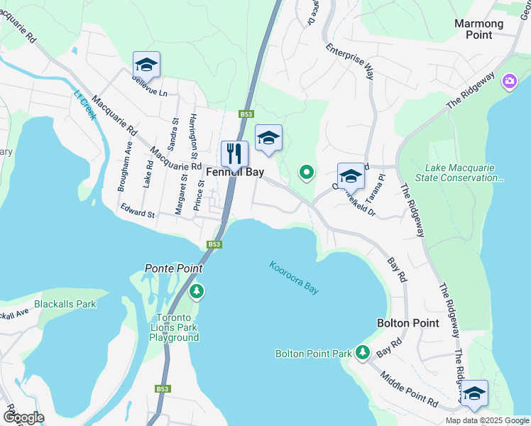 map of restaurants, bars, coffee shops, grocery stores, and more near 10 Blandford Street in Fennell Bay