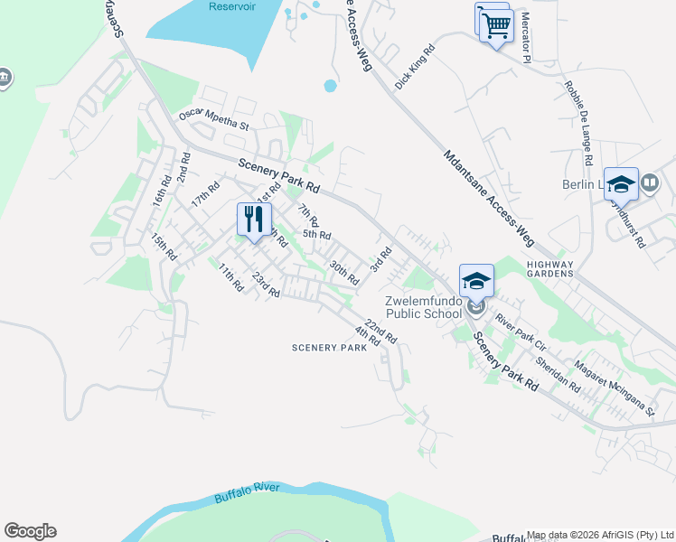 map of restaurants, bars, coffee shops, grocery stores, and more near 29 30th Road in KuGompo City