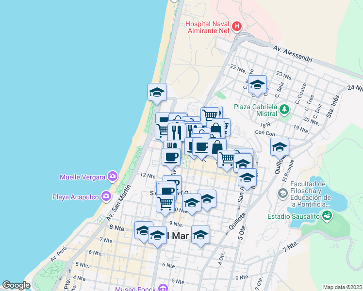 map of restaurants, bars, coffee shops, grocery stores, and more near 1348 Avenida Libertad in Viña del Mar