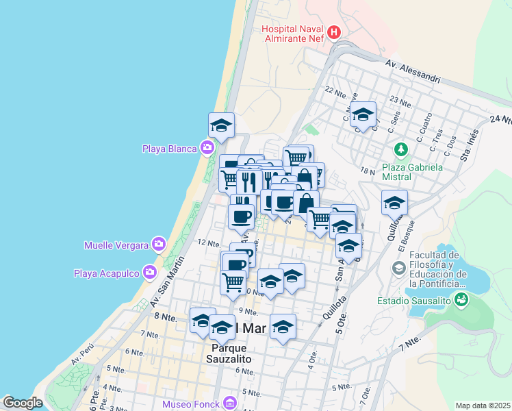 map of restaurants, bars, coffee shops, grocery stores, and more near 1348 Avenida Libertad in Viña del Mar