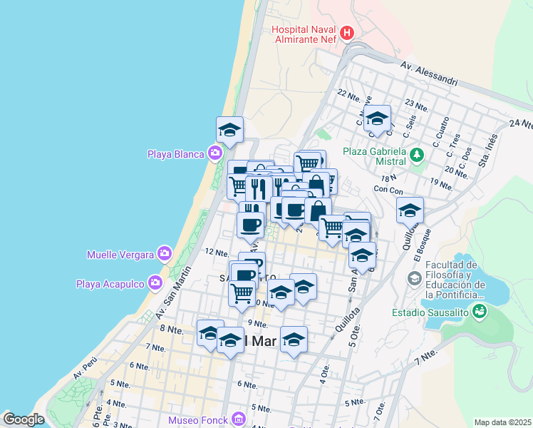 map of restaurants, bars, coffee shops, grocery stores, and more near 821 14 Norte in Viña del Mar