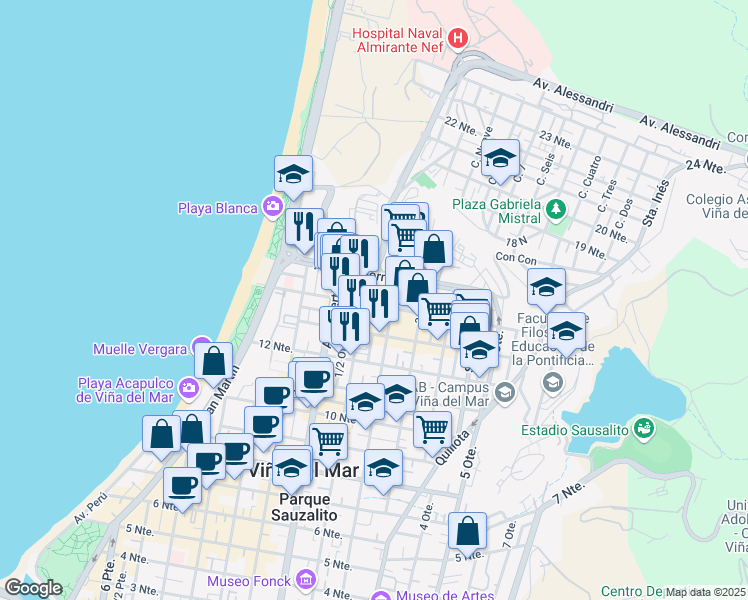 map of restaurants, bars, coffee shops, grocery stores, and more near 821 14 Norte in Viña del Mar