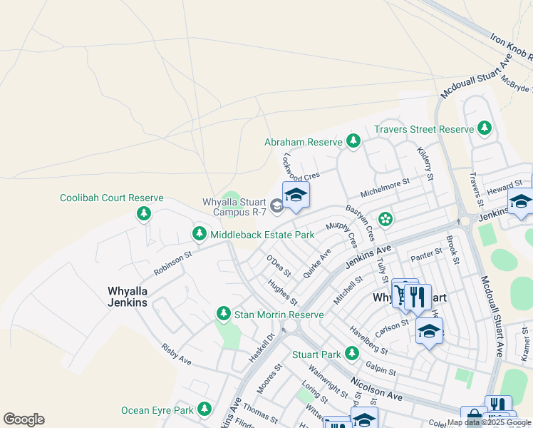 map of restaurants, bars, coffee shops, grocery stores, and more near LOT 6533 Bastyan Crescent in Whyalla Stuart