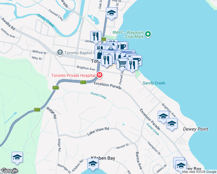 map of restaurants, bars, coffee shops, grocery stores, and more near 198 Excelsior Parade in Toronto