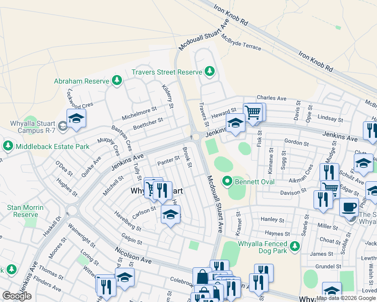 map of restaurants, bars, coffee shops, grocery stores, and more near 4 Brook Street in Whyalla Stuart