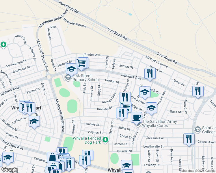 map of restaurants, bars, coffee shops, grocery stores, and more near 12 Cowled Street in Whyalla Norrie