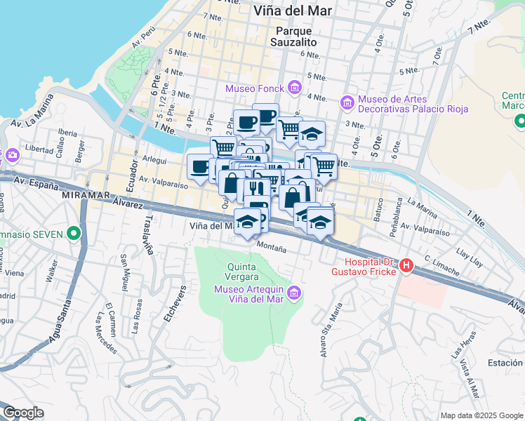 map of restaurants, bars, coffee shops, grocery stores, and more near 250 Plaza Sucre in Viña del Mar
