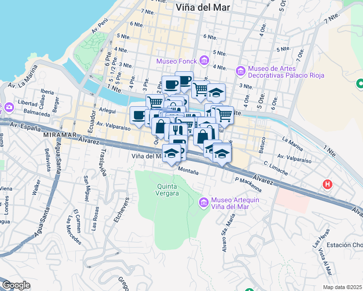 map of restaurants, bars, coffee shops, grocery stores, and more near 250 Plaza Sucre in Viña del Mar