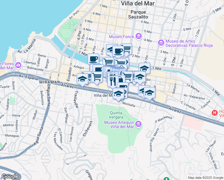 map of restaurants, bars, coffee shops, grocery stores, and more near 609 Viana in Viña del Mar