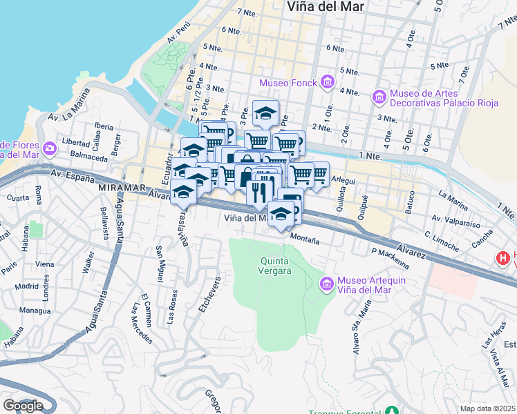 map of restaurants, bars, coffee shops, grocery stores, and more near 609 Viana in Viña del Mar