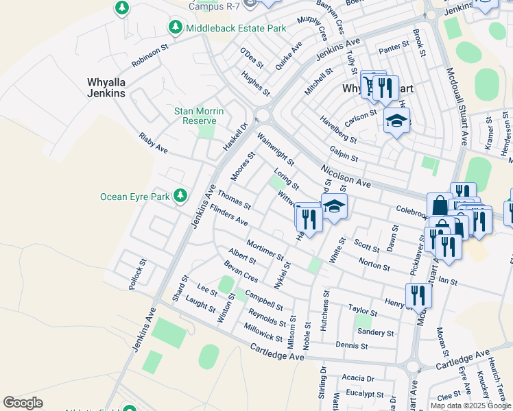 map of restaurants, bars, coffee shops, grocery stores, and more near 4 Thomas Street in Whyalla Stuart