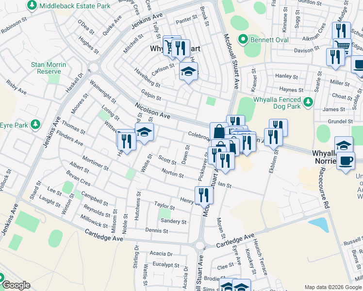 map of restaurants, bars, coffee shops, grocery stores, and more near 23 Phillips Street in Whyalla Stuart