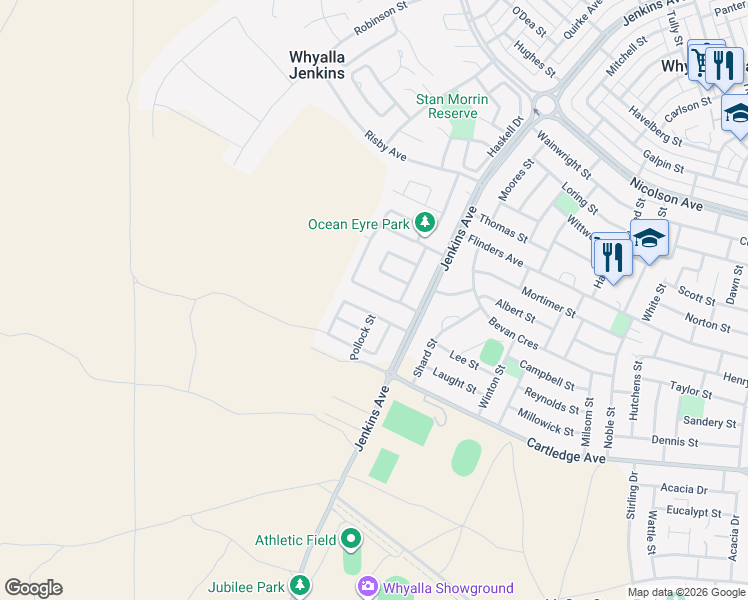 map of restaurants, bars, coffee shops, grocery stores, and more near 49 Custance Avenue in Whyalla Jenkins