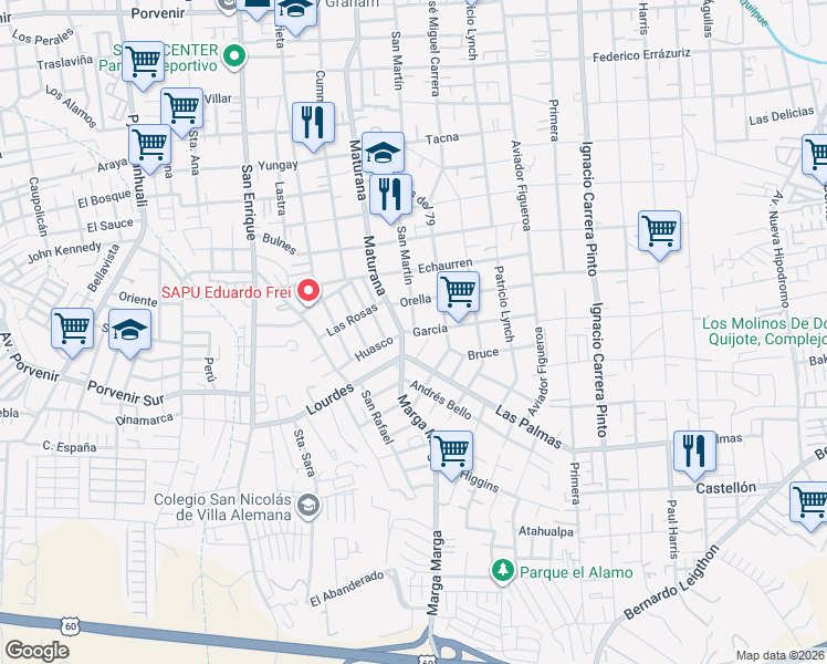 map of restaurants, bars, coffee shops, grocery stores, and more near 610 García in Villa Alemana
