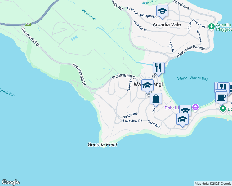 map of restaurants, bars, coffee shops, grocery stores, and more near 29 Moani Street in Wangi Wangi