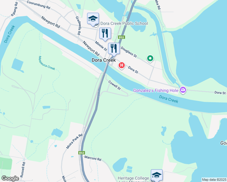 map of restaurants, bars, coffee shops, grocery stores, and more near 107 Stingaree Point Drive in Dora Creek