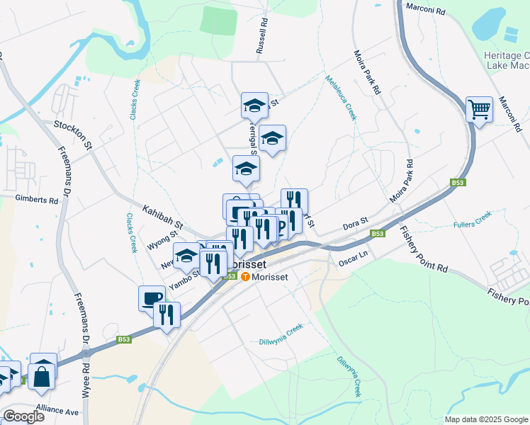 map of restaurants, bars, coffee shops, grocery stores, and more near 118 Bridge Street in Morisset