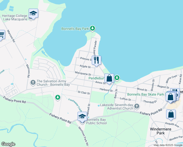 map of restaurants, bars, coffee shops, grocery stores, and more near 21 Macquarie Street in Bonnells Bay