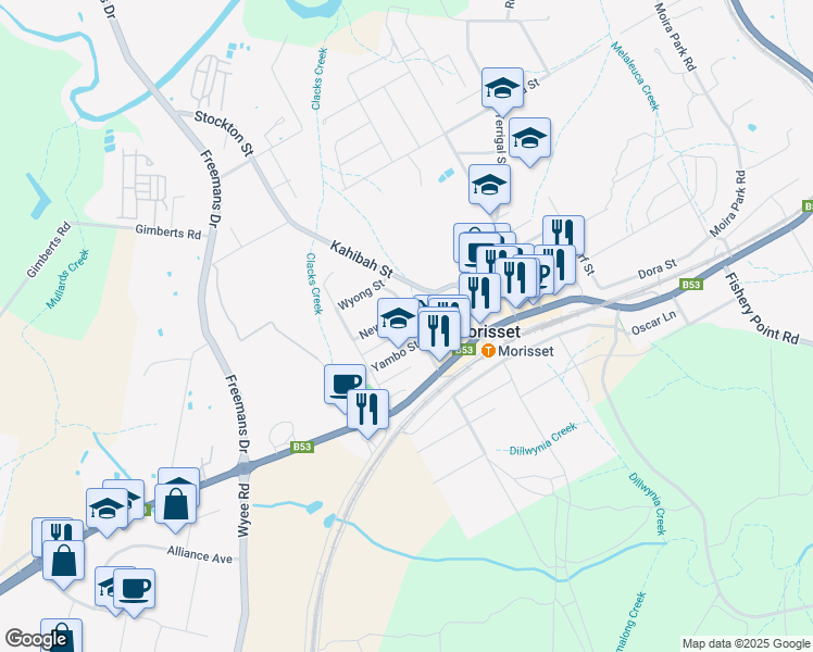 map of restaurants, bars, coffee shops, grocery stores, and more near 10 Doyalson Street in Morisset