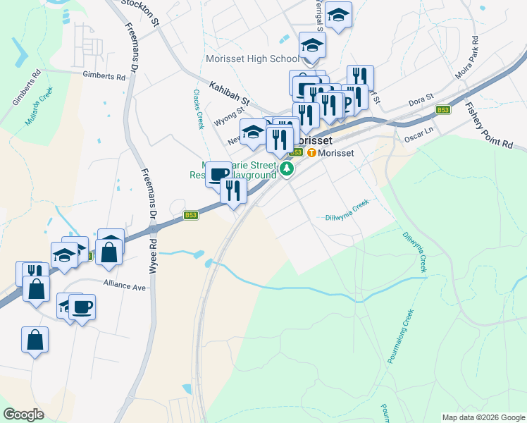 map of restaurants, bars, coffee shops, grocery stores, and more near 162 Macquarie Street in Morisset
