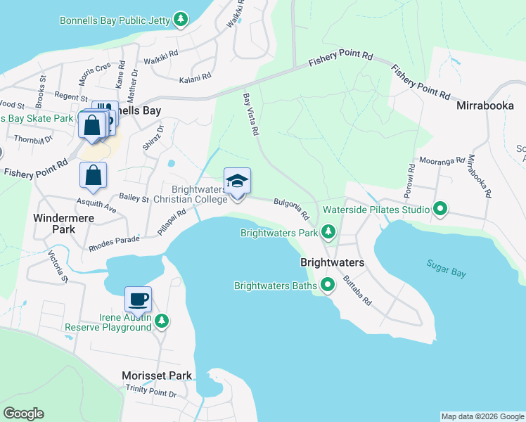map of restaurants, bars, coffee shops, grocery stores, and more near 62 Bulgonia Road in Brightwaters