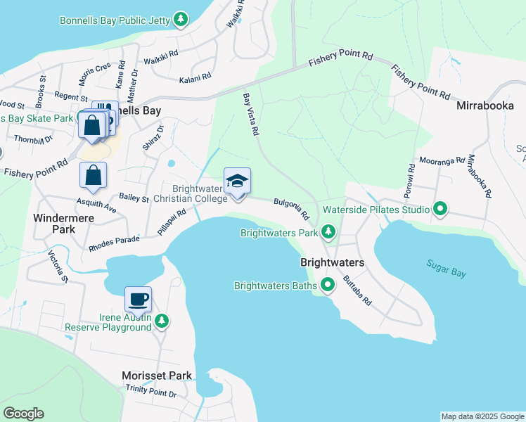 map of restaurants, bars, coffee shops, grocery stores, and more near 62 Bulgonia Road in Brightwaters