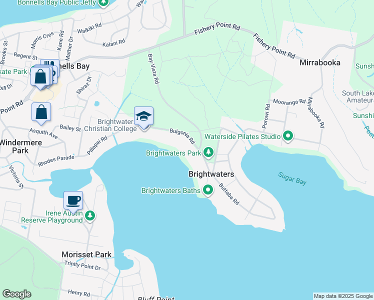 map of restaurants, bars, coffee shops, grocery stores, and more near 38A Bulgonia Road in Brightwaters