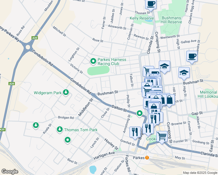 map of restaurants, bars, coffee shops, grocery stores, and more near 2 Metcalfe Street in Parkes