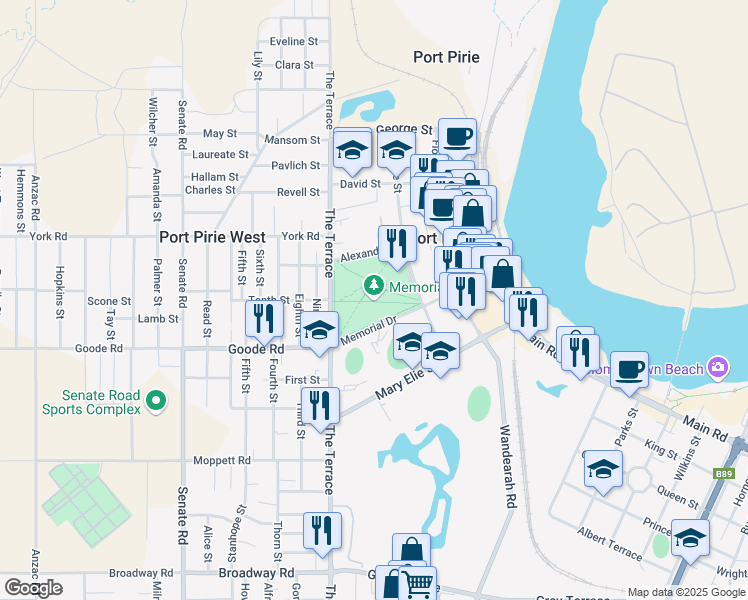 map of restaurants, bars, coffee shops, grocery stores, and more near Memorial Drive in Port Pirie West