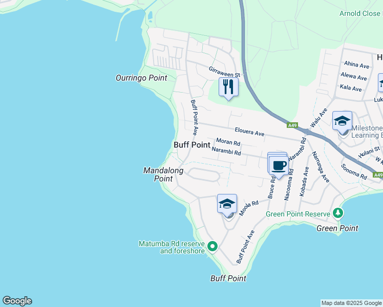 map of restaurants, bars, coffee shops, grocery stores, and more near 213 Buff Point Avenue in Buff Point