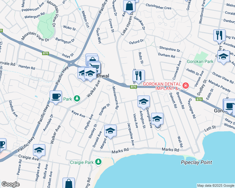 map of restaurants, bars, coffee shops, grocery stores, and more near 43 Minnamurra Road in Gorokan