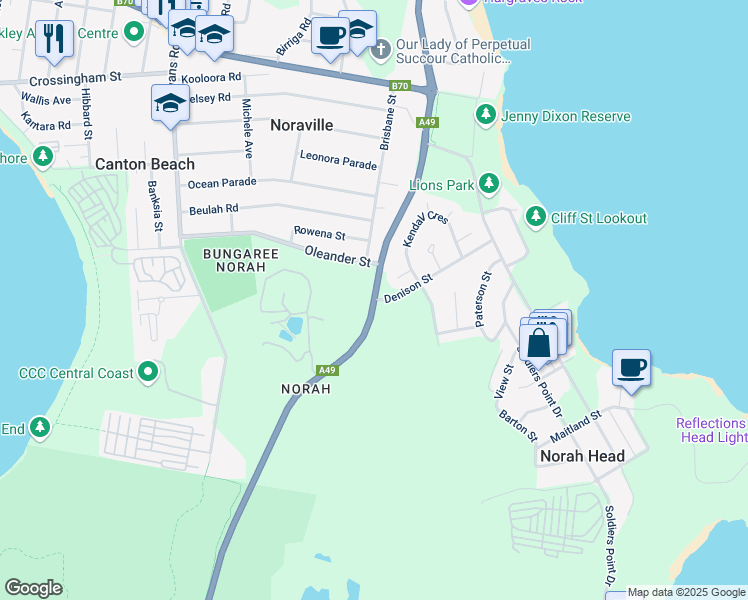 map of restaurants, bars, coffee shops, grocery stores, and more near Wilfred Barrett Drive in Noraville