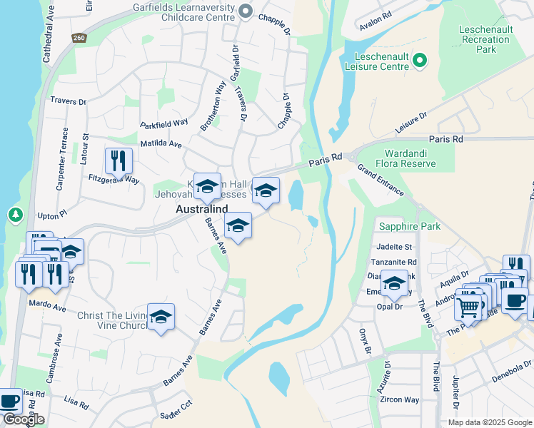 map of restaurants, bars, coffee shops, grocery stores, and more near 299 Old Coast Road in Australind