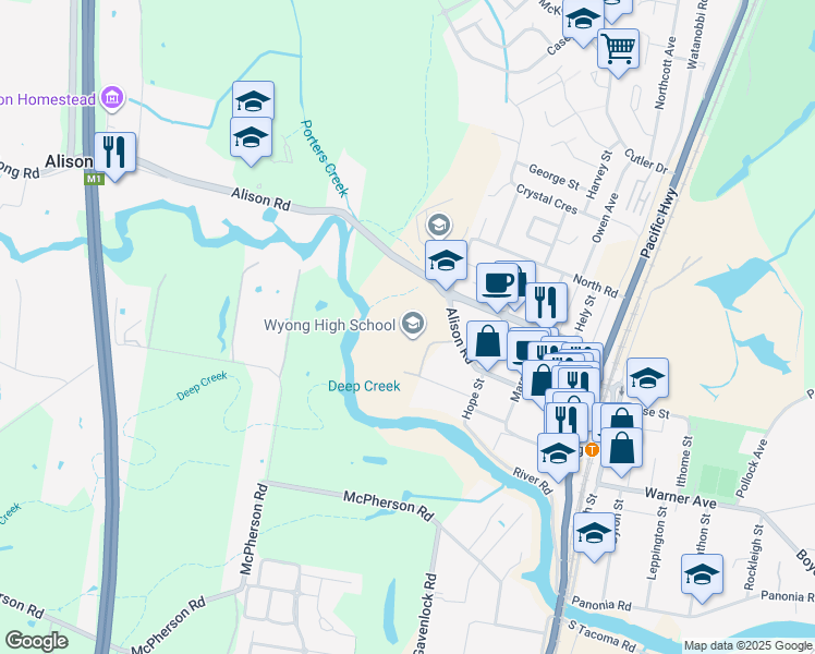 map of restaurants, bars, coffee shops, grocery stores, and more near 53 Alison Road in Wyong