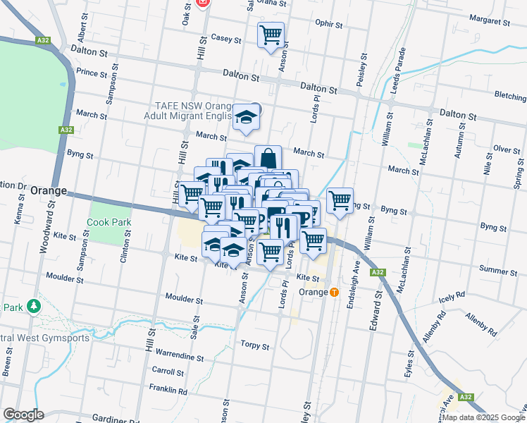 map of restaurants, bars, coffee shops, grocery stores, and more near 222 Anson Street in Orange