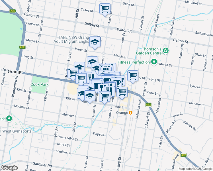 map of restaurants, bars, coffee shops, grocery stores, and more near in Orange