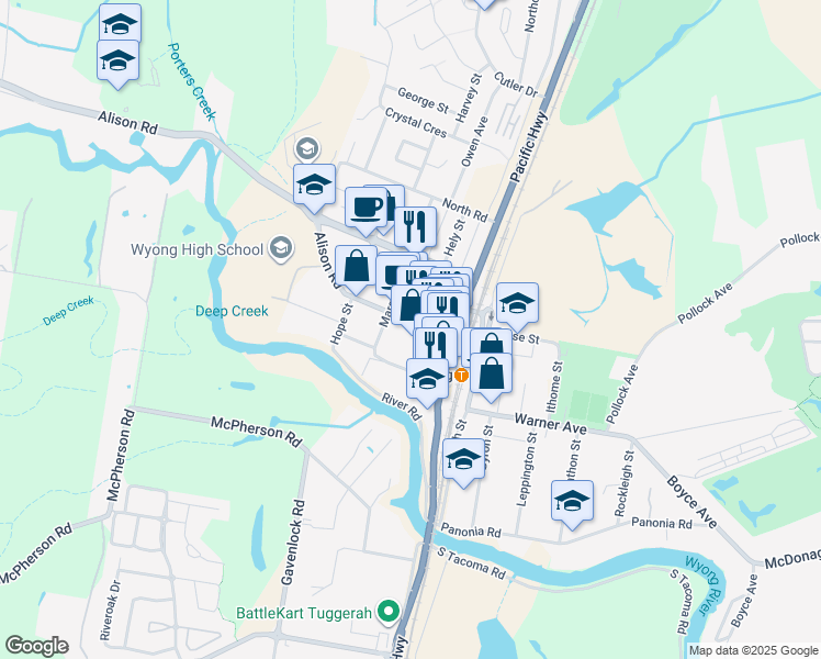 map of restaurants, bars, coffee shops, grocery stores, and more near 10 Rankens Court in Wyong