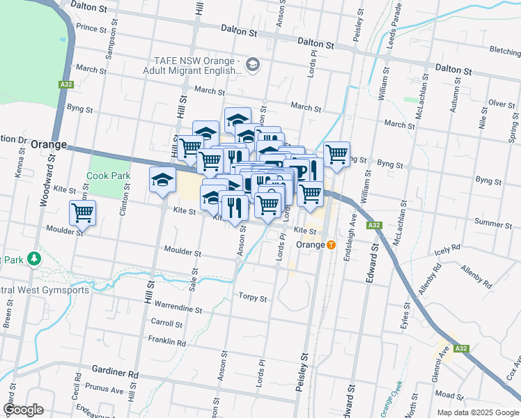 map of restaurants, bars, coffee shops, grocery stores, and more near Anson Street in Orange