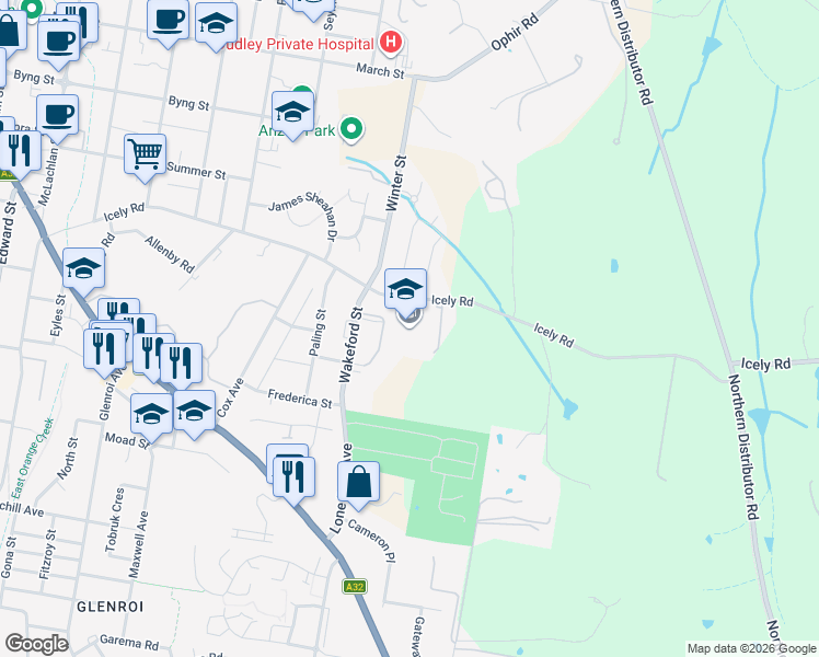 map of restaurants, bars, coffee shops, grocery stores, and more near 142 Icely Road in Orange