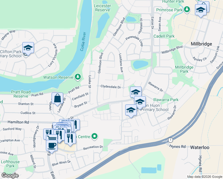 map of restaurants, bars, coffee shops, grocery stores, and more near 2A Pinto Close in Eaton