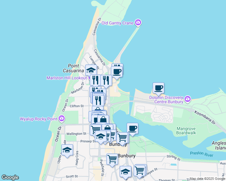 map of restaurants, bars, coffee shops, grocery stores, and more near 11 Holman Street in Bunbury