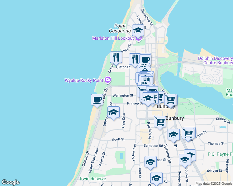 map of restaurants, bars, coffee shops, grocery stores, and more near 8 Wellington Street in Bunbury